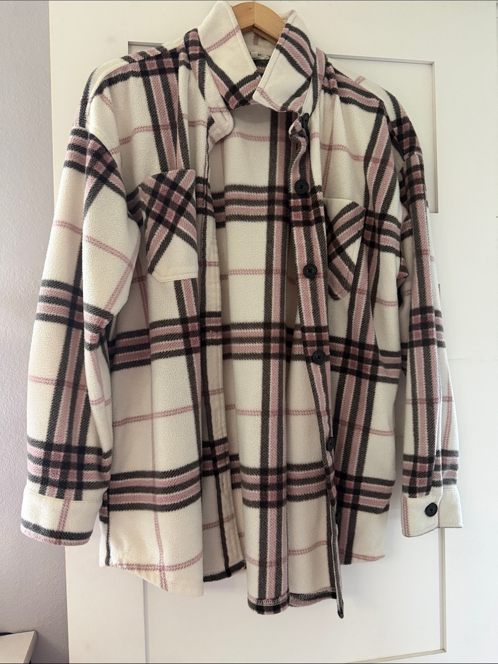 Maurices Cream Plaid Utility Shacket with Pink & Black Checks